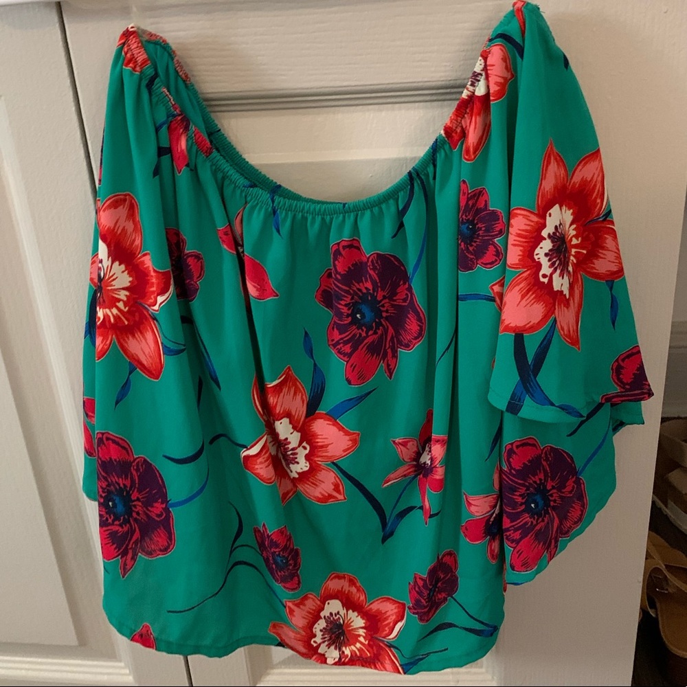 Over the shoulder green floral top
